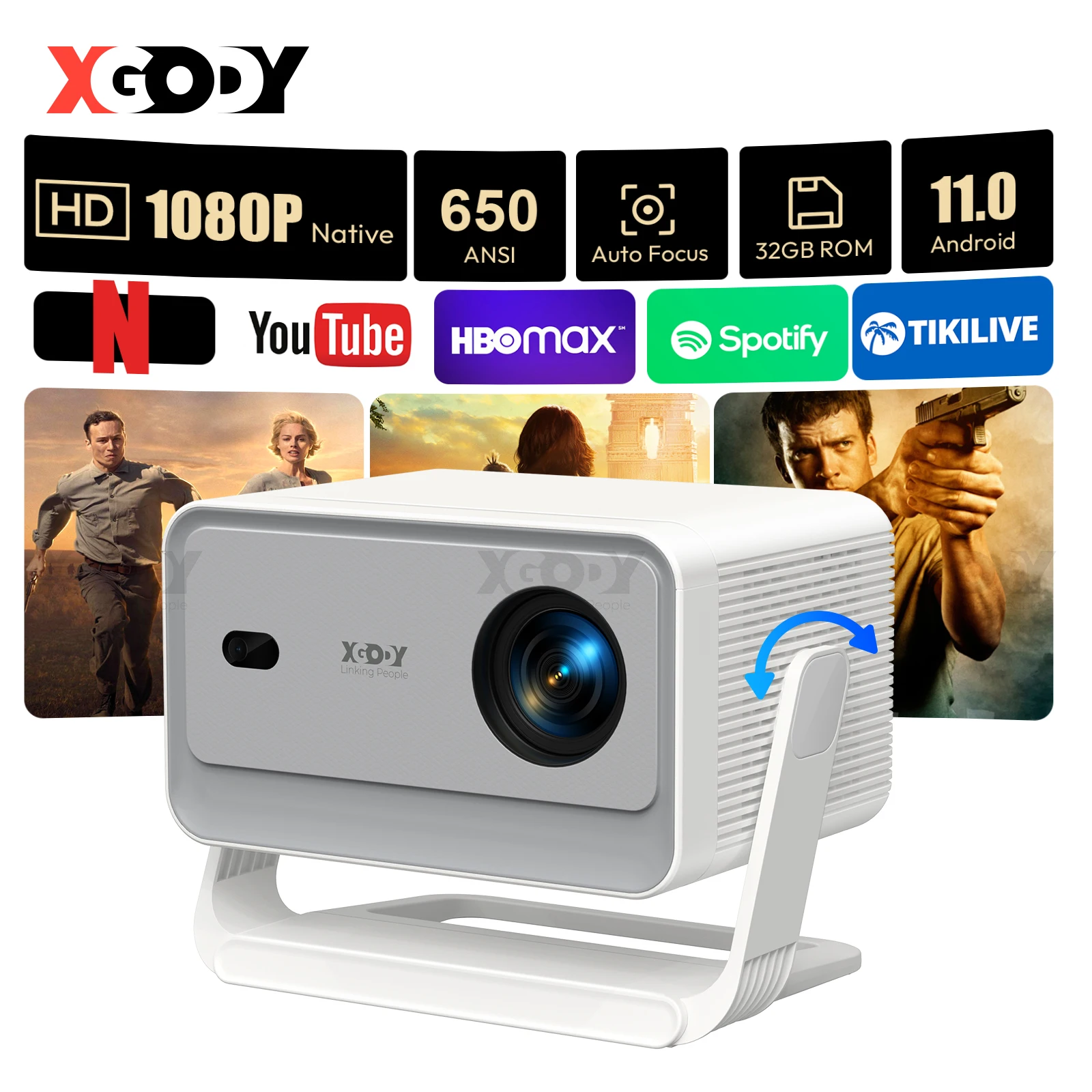 XGODY A6 PRO Native 1080P 650 ANSI 4K Android 11 32 GB 135 ° Projektor mit Auto Keystone Focus Wifi6 BT5.2 Portable Outdoor Image