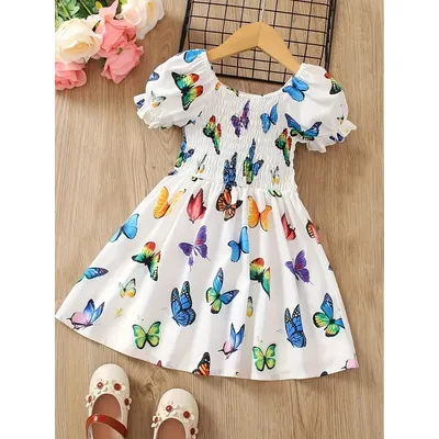Kinderbekleidung Energetic Butterfly All-Over-bedrucktes Kleid für Mädchen, geeignet für Kinder im Alter von 1–8 Jahren, Sommer-weißer bunter Butterfly-Rock Image
