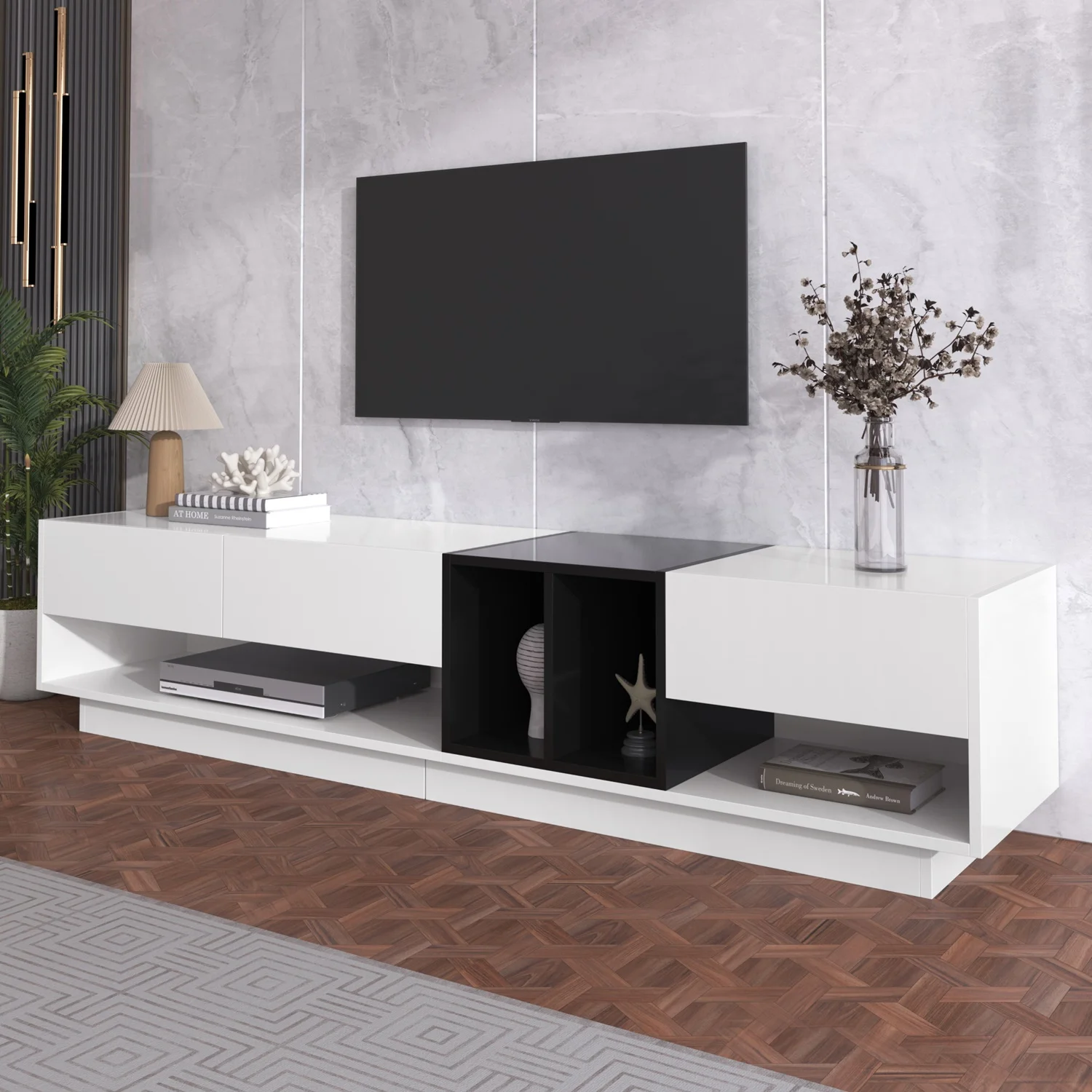 Meuble TV de luxe moderne 190x40x34cm blanc, meuble TV grand espace de rangement, meuble bas avec tiroirs, pour chambre et salon