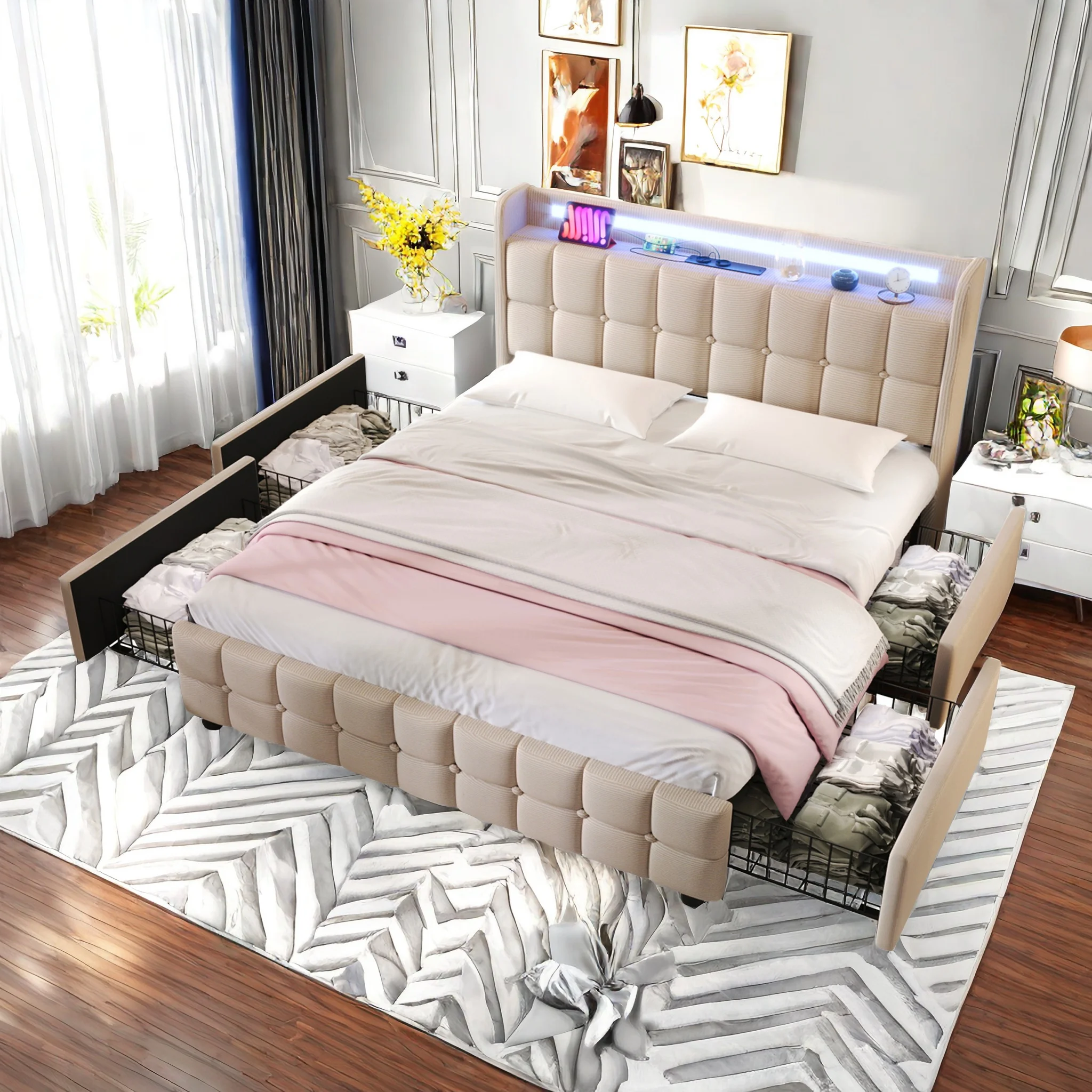 Rosahqnda Polsterbett Doppelbett Funktionsbett mit Stauraum mit 4 Schubladen und Lattenrost in Leinenoptik Image