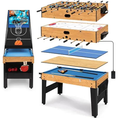 48" 6-in-1 Multi Game Table, Full-Size Indoor and Outdoor Arcade Sports Table with Pool, Air Hockey, Foosball, Basketball
