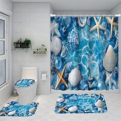 Ocean Beach Series Starfish Jellyfish Shower Curtains Sets Decorative Art Pattern Home Bathroom Curtains Toilet Seat Decoration Shower Curtain CarpetShower Curtain with Carpet and Toilet Lid 12 70.8x70.8 inch