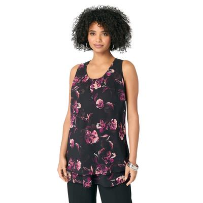Plus Size Women's Double-Layer Georgette Tank Top by Roaman's in Black Open Floral (Size 34 W)