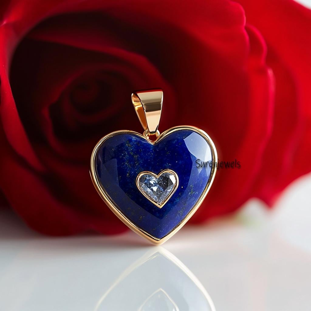 Solid 14 k Gold Lapislazuli oder Diamant-Herz-Anhänger, Solid Gold Edelstein-Herz-Anhänger, Gold-Türkis-Diamant-Herz-Anhänger, Herz-Anhänger