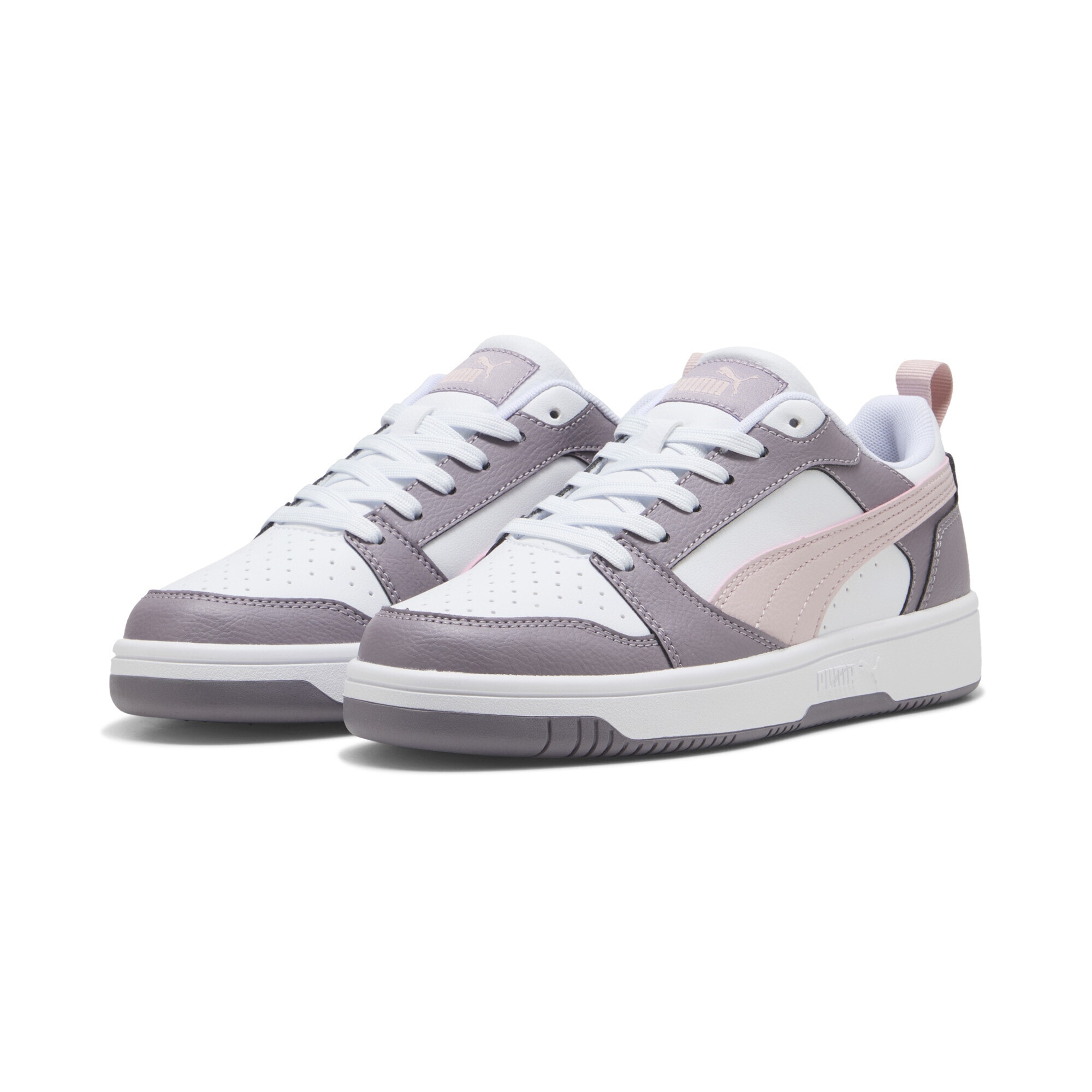 Sneaker PUMA "Rebound V6 Low Sneakers Erwachsene", Damen, Gr. 37,5, lila (weiß mauve mist plum jam pink lila), Obermaterial: Textil, Synthetik, Leder; Futter: Textil; Innensohle: Textil; Laufsohle: Gummi, Schuhe Sneaker