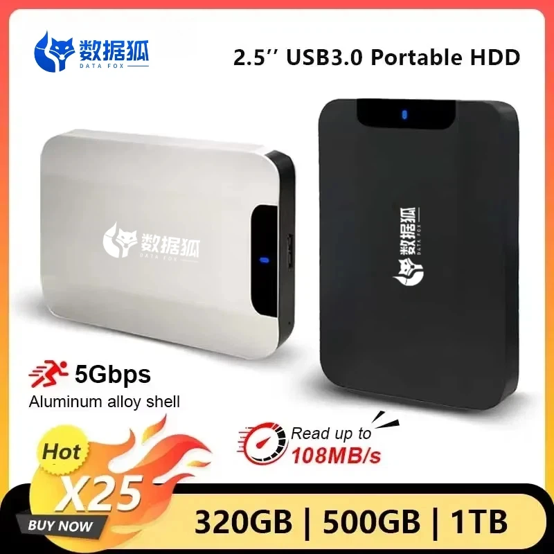 Disque dur externe DATA FOX 2,5 pouces HDD 250 Go | 320 Go | Disque dur externe USB 3.0 de 500 Go en métal mat bicolore noir et argent pour PC, Mac et TV