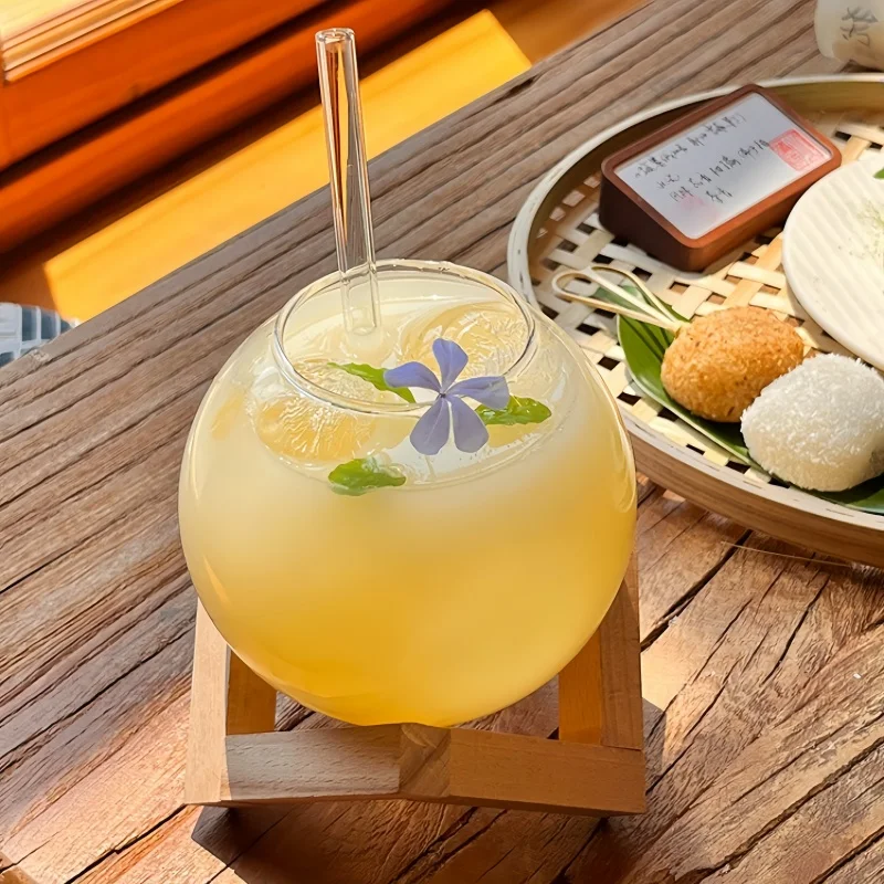 Cocktail-Glastasse mit Holzständer, kreativer Mond-Getränkebecher in runder Form mit Strohhalm, Weihnachtsbecher, Eiskaffeetassen, Trinkgeschirr Image