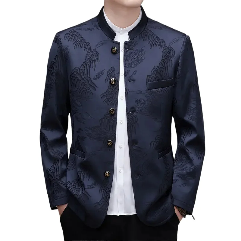 2025 Nuovo abito da uomo casual alla moda rosso di alta qualità, blazer da uomo monopetto blu navy senza stiratura, abito tunica cinese