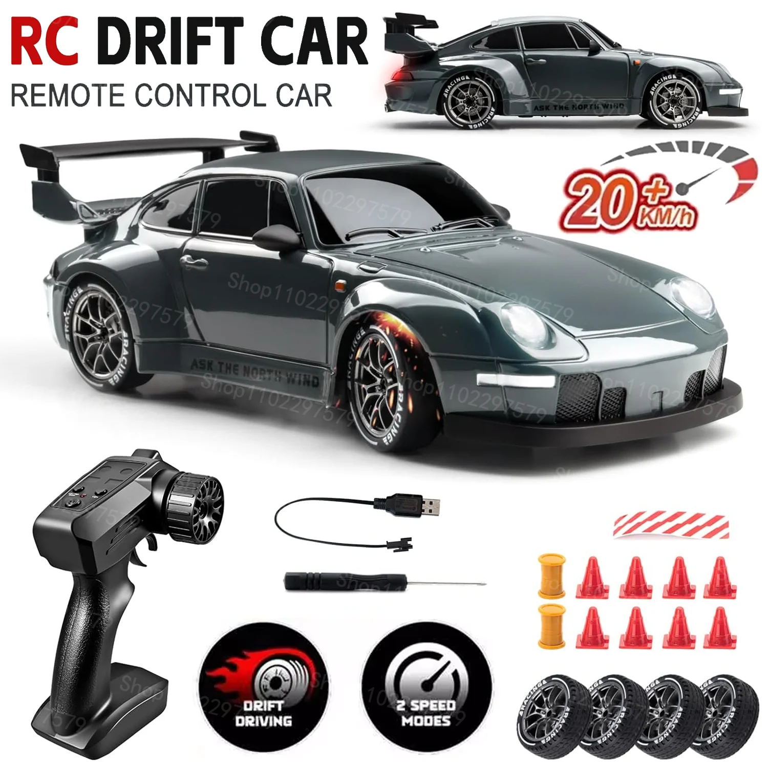 Voiture à dérive RC 4WD 1/24, 2.4G, 20 KM/H, haute vitesse, télécommande, véhicule, lumières LED, barrage routier, pneus à dérive, jouets cadeaux pour enfants