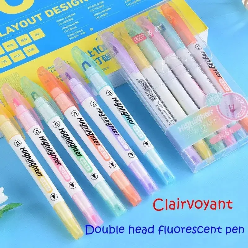 6 Farben/Set Einzigartiger Textmarker mit Fensterspitze, Doppelkopf, Pastellfarbe, Mittellinien-Textmarker, Marker, Schule, Schreibwaren Image