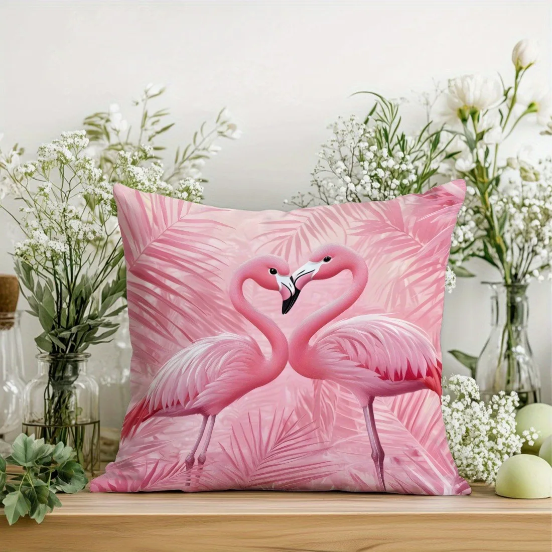 Bedruckter dekorativer Kissenbezug mit rosa Flamingo- und tropischem Blattdesign für die tägliche Heimdekoration Image