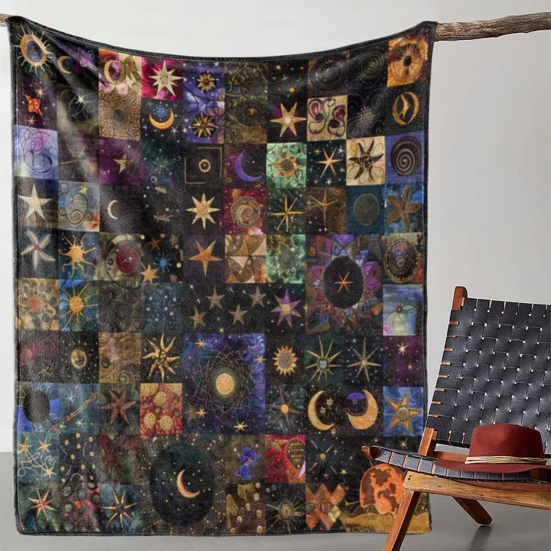 Flanell-Fleece-Decke im Vintage-Stil, Stern- und Mond-Aufdruck, weich, gemütlich, für Sofa, Bett, Couch, Auto, Büro, Camping, Reisen, Ganzjahres-Geschenkdecke Image