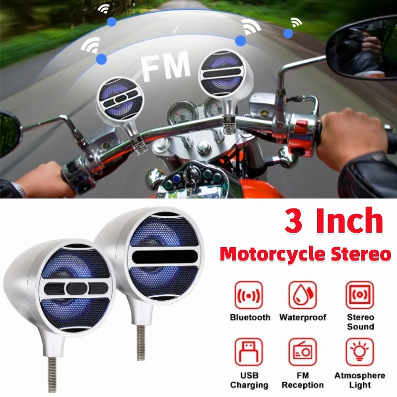 1 Paar 3 Zoll Motorrad Stereo Motorrad Bluetooth Lautsprecher Audio MP3 FM Radio mit LED Atmosphäre Licht Image