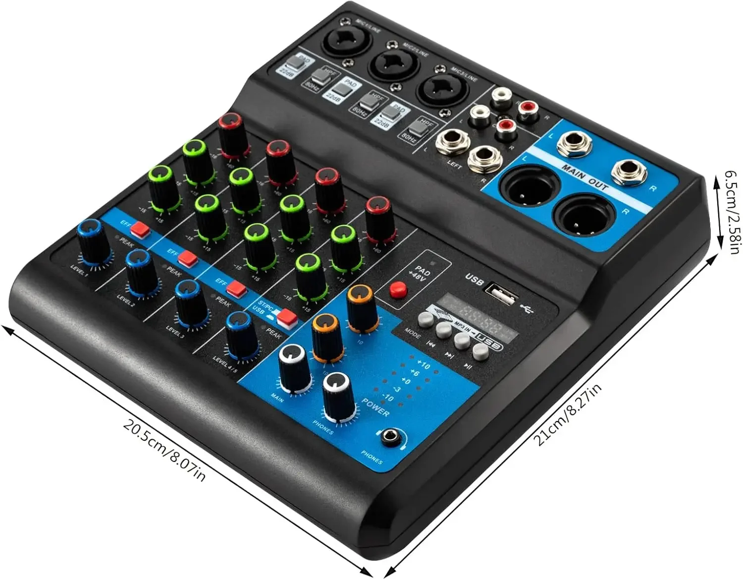 48 V professioneller 5-Kanal-DJ-Audiomischer, Phantom Power-Audiomischer, kompatibel mit PC/MP3/Kondensatormikrofon/Live-Streaming Image