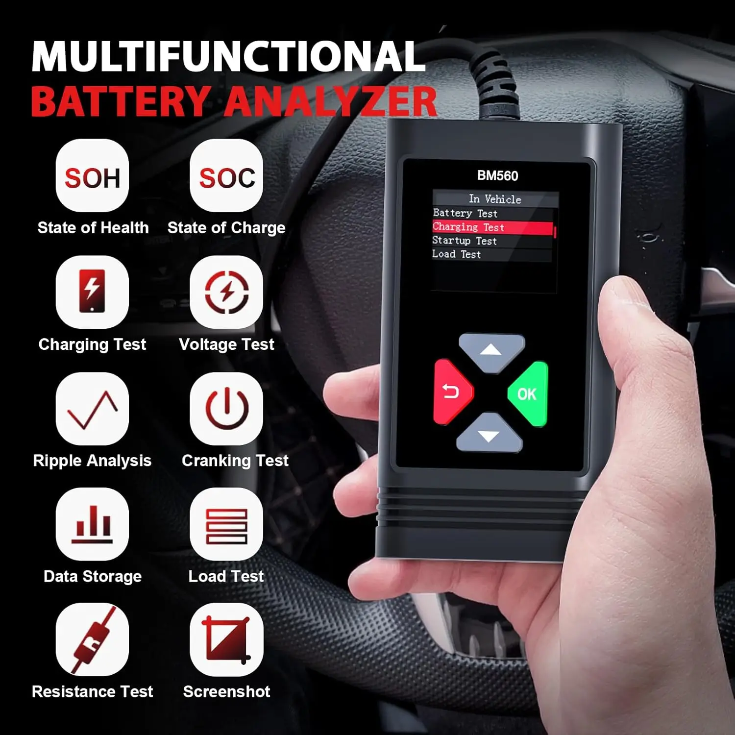 Autobatterie-Tester, 6 V, 12 V, BM560, Batterielastungstester, 100–2000 CCA, Kfz-Batterie-Lichtmaschinentester für LKW, Motorrad, SUV Image