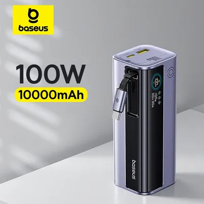 Baseus 100 W 10000 mAh Power Bank, integriertes einziehbares USB-C-Kabel, tragbare PD-Powerbank mit externem Akku für Samsung, iPad, iPhone