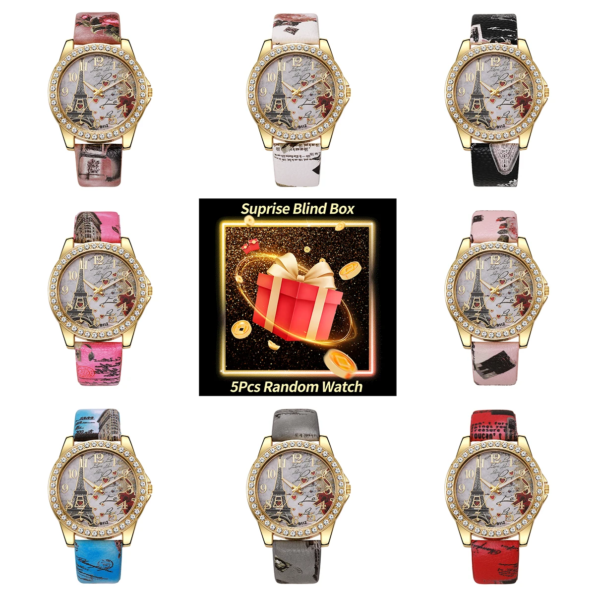 5PCS Überraschung Mystery Box-Mode Strass Frauen Uhren Damen Casual Quarz Armbanduhr Farbe Zufällig (Ohne Box) Image