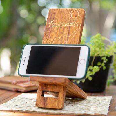 'Hand-Carved and Painted Wood Phone Stand with Elephant Motif'