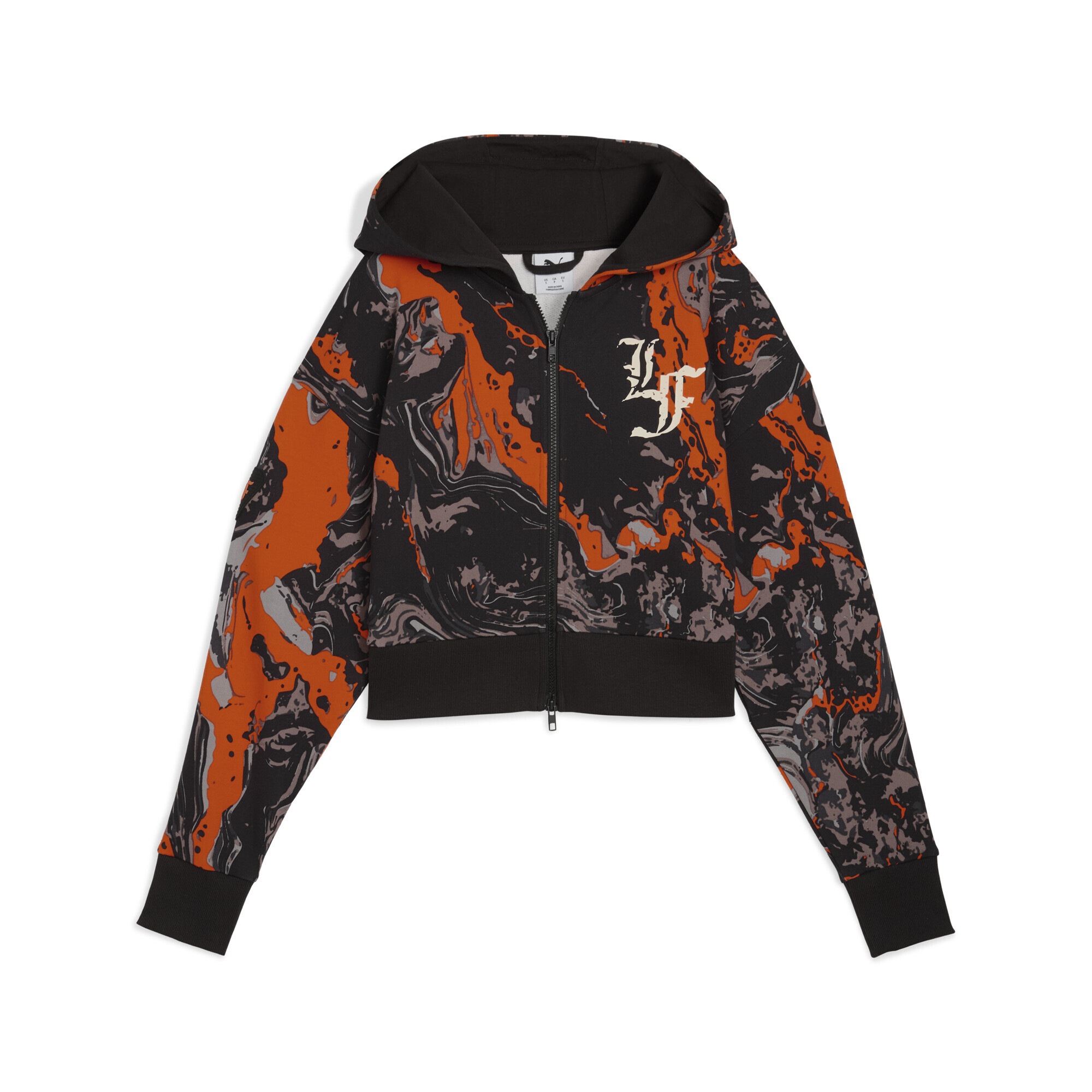 Hoodie PUMA "LAFRANCÉ HEEM Crop Kapuzenjacke Damen", Damen, Gr. XS, orange glo aop, Obermaterial: 100% Baumwolle; Kapuzenfutter: 100% Baumwolle; Rippe: 3% Elasthan, 97% Baumwolle, relaxed fit, Rundhals, Sweatshirts