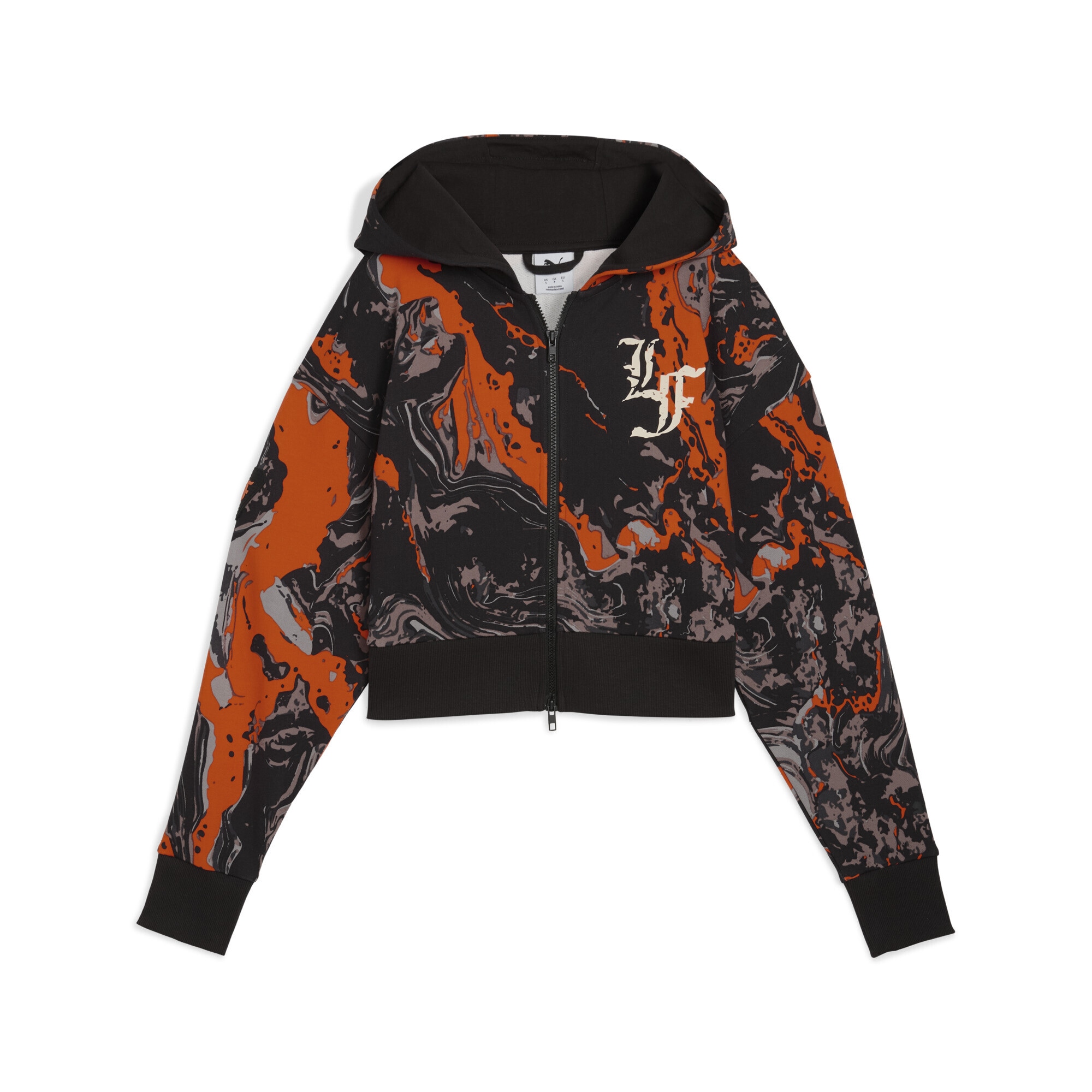 Hoodie PUMA "LaFrancé HEEM Crop Kapuzenjacke Damen", Damen, Gr. M, orange (orange glo aop), Obermaterial: 100% Baumwolle; Kapuzenfutter: 100% Baumwolle; Rippe: 3% Elasthan, 97% Baumwolle, relaxed fit, Rundhals, Sweatshirts Hoodie