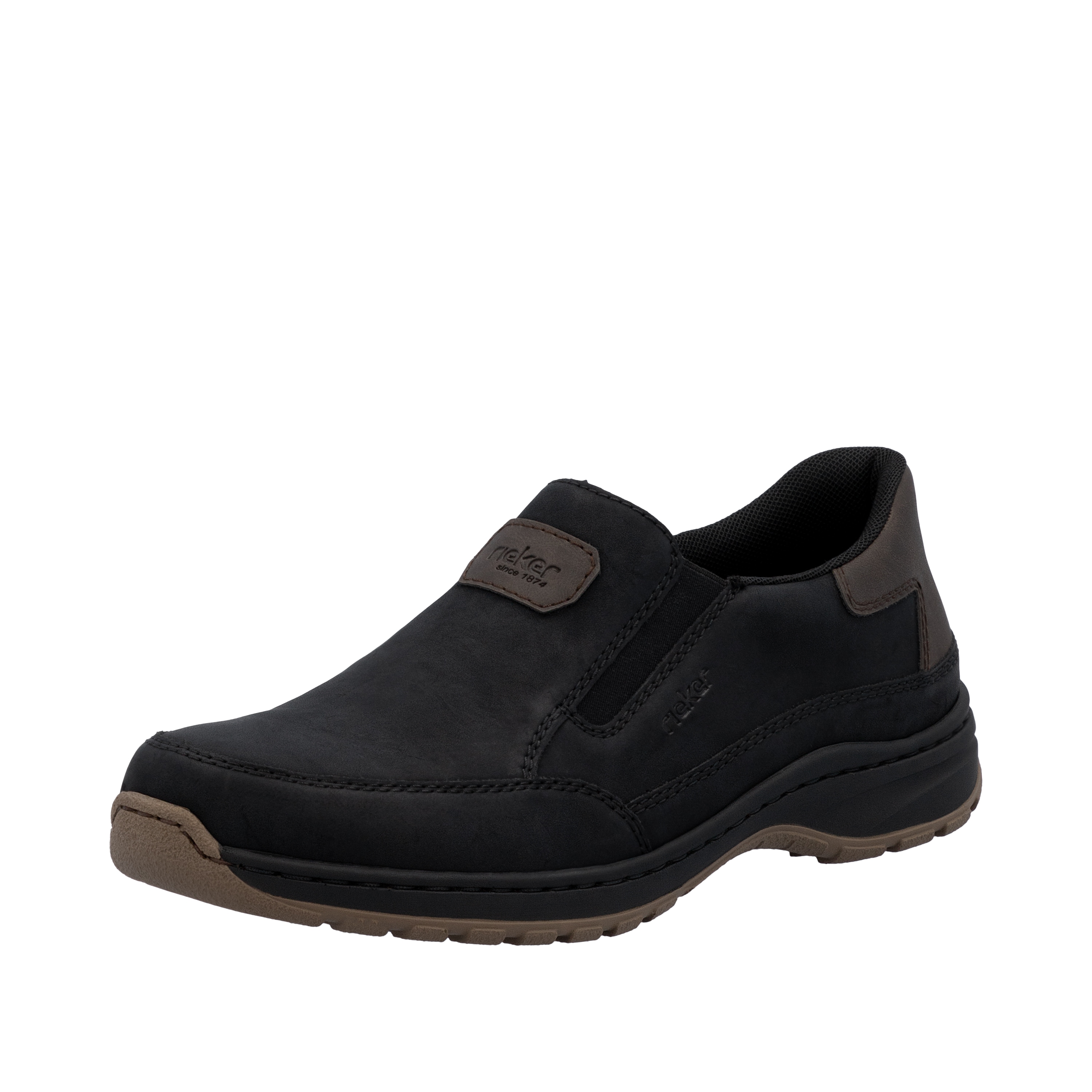 Slipper RIEKER, Herren, Gr. 44, schwarz (schwarz, dunkelbraun), Lederimitat, unifarben mit Farbeinsatz, Sportlich, Schuhe, Schlupfschuh, Halbschuh, Slip-on Sneaker mit Stretcheinsätze