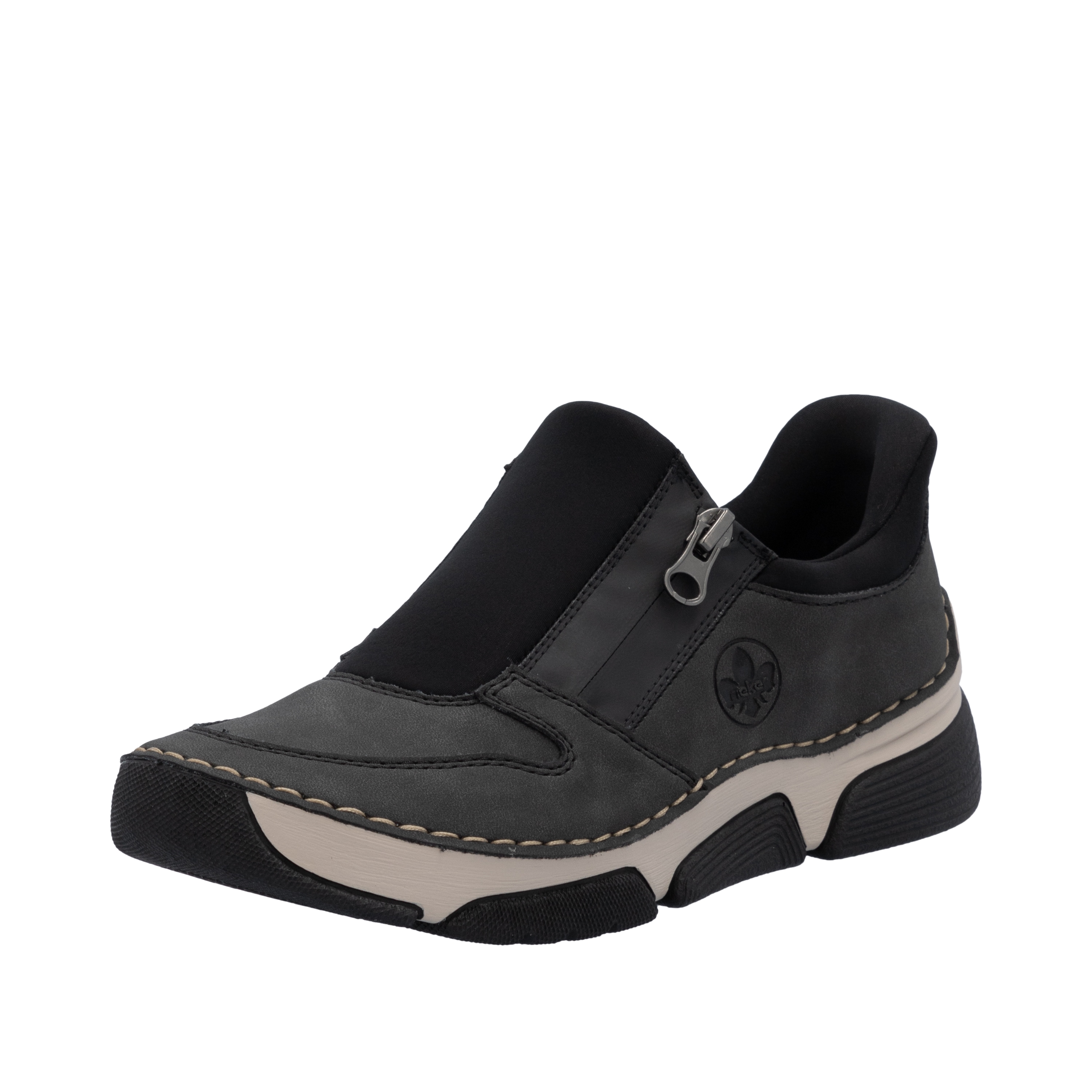 Slip-On Sneaker RIEKER "Ready2GO", Damen, Gr. 36, grau (anthrazit, schwarz), Lederimitat, Textil, Schuhe, Halbschuh, Freizeitsneaker mit seitlichem Reißverschluss