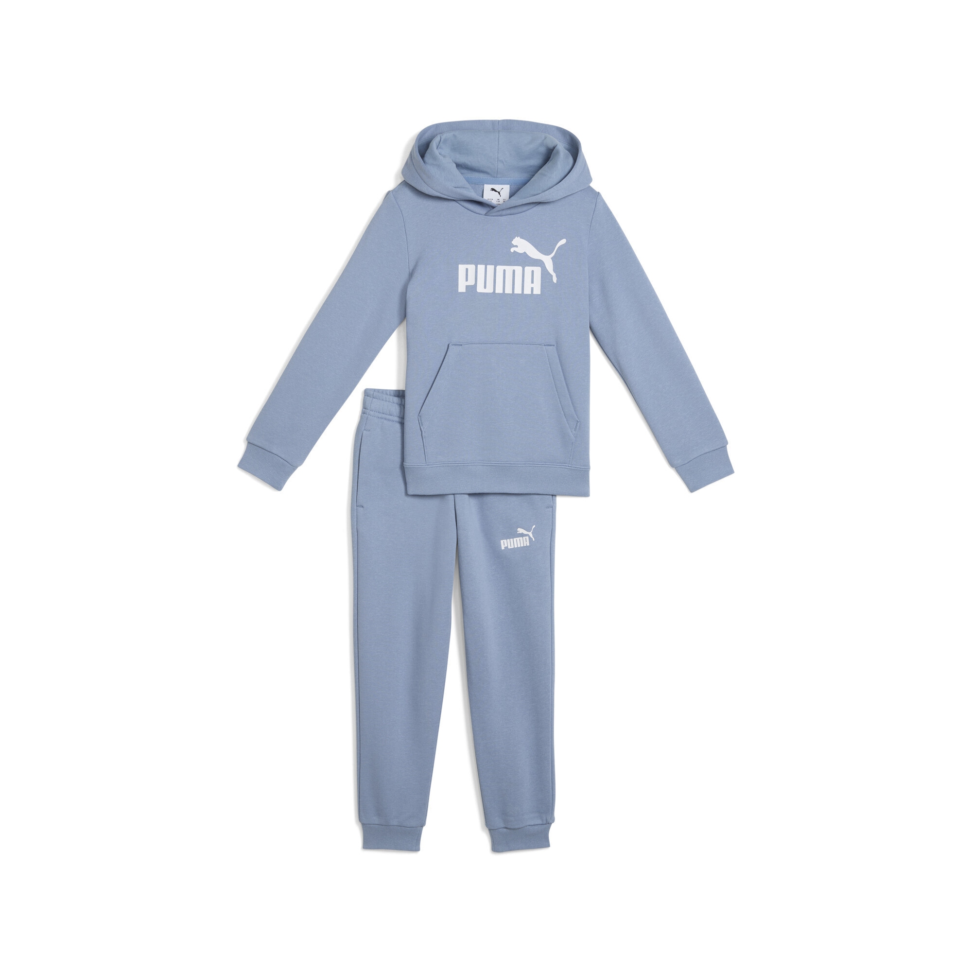 Jogginganzug PUMA "Essentials No.1 Logo Jogginganzug Kinder", Jungen, Gr. 110, blau (cool blau), Obermaterial: 66% Baumwolle, 34% Polyester; Kapuzenfutter: 100% Baumwolle; Rippe: 97% Baumwolle, 3% Elasthan, Sportanzüge Jogginganzug