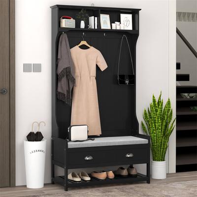 3-in-1 Coat Rack with Shoe Rack, 2 Drawers, 4 Hooks and Seat Cushions