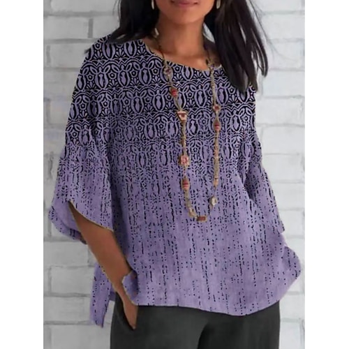 Damen Hemd Druck Grafik Farbverläufe Retro Vintage Dreiviertelarm Rundhalsausschnitt Normale Oberteile Täglich Ferien Blau Weiß Gelb Rote Purpur Sommer Frühling Herbst Image