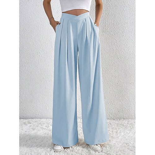 Damen Weites Bein Hosen Hose Streetwear Lässig Lang Hohe Taille Einfach Atmungsaktivität Weich Mikroelastisch Urlaub Straße Alltagskleidung Schwarz Rosa Hellblau Aprikose Herbst Normale Passform Image