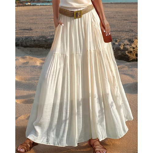 Damen Asiatische Größe Lässig Sommer Midi Hohe Taille Röcke Einfarbig Gerafft Plissiert Tasche Dehnbar Täglich Urlaub Wein Melonen-Rot Senfgrün orange Farbe Frühling, Herbst, Winter, Sommer Leinen Image
