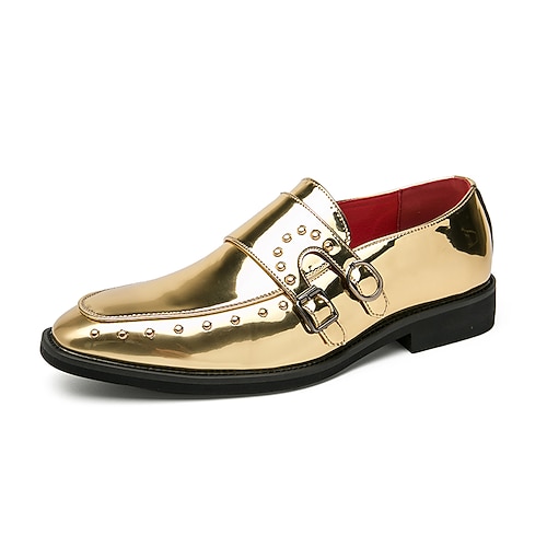 Herren-Loafer mit doppelter Schnalle in Gold – formelle Schuhe mit glänzendem Lackfinish für Nachtclubs, Hochzeiten und Red-Carpet-Looks Image