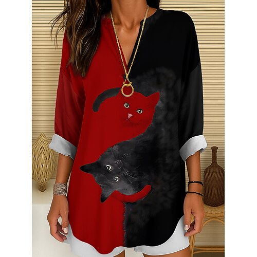 Damenbluse Leinenähnlich Atmungsaktiv Leicht Tunika V-Ausschnitt Lange Ärmel Boho Legere Sommeroberteile Grafisch Tier Katze Vintage Tropisch Alltagsdruck Schwarz und Weiß Gelb Rosa Rot Blau Image