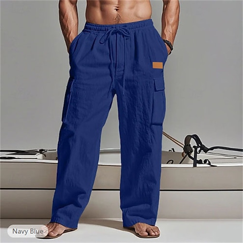 Herren Cargo-Hosen Leinenhosen Hose Sommerhose Elastischer Bund Kordelzug Mehrere Taschen Einfach Komfort Atmungsaktiv Volle Länge Lässig Täglich Ferien Urlaub Mode Schwarz Weiß Unelastisch Image