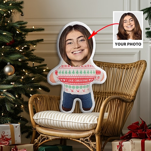 Weihnachtskundenspezifisches Gesichtskissen personalisiertes Fotominime-Wurfkissen humanoider Polster lustiger Gag-Weihnachtsgeschenk für ihn und sie Mini-Me-Puppenspielzeug Image
