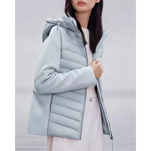 Damen Daunenjacke Outdoor-Mantel Vollreißverschluss Mit Kapuze Langarm Oberteil Athleisure Herbst Winter Einfarbig Winddicht Warm Leicht sportlich Sport Track Sportbekleidung Sportkleidung Schwarz Image