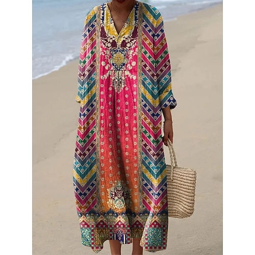 Damen Midi Kleid V-Ausschnitt Langarm Kaftan Leicht Lockerer Schnitt A-Linien Kleid Lässig Ausgehen Lockerer Schnitt Floral Grafik Paisley Langarm V-Ausschnitt Hellrosa Schwarz Dunkelrosa Orange Image