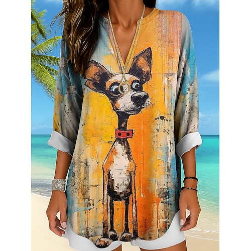 Damenbluse Leinenähnlich Atmungsaktiv Leicht Tunika V-Ausschnitt Langarm Boho Lässig Sommeroberteile Grafik Tier Katze Vintage Tropisch Regelmäßige Oberteile Tägliche Wear Druck Gelb Rot Orange Image