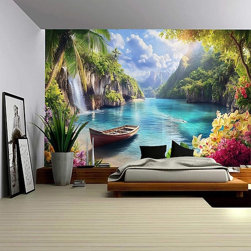 Natur Wandteppich Kunst Dekor Decke Vorhang Picknick Tischdecke hängend Haus Schlafzimmer Wohnzimmer Wohnheim Dekoration Wald Landschaft Sonnenschein durch Fluss Image