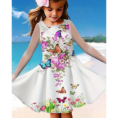 Mädchen' 3D Blumen Grafik Schmetterling Kleid Ärmellos Sommer Frühling Urlaub Täglich Ferien Prinzessin Schön Süß Kinder 4-12 Jahre Freizeitkleid A Linie Kleid Knielang Normale Passform Image