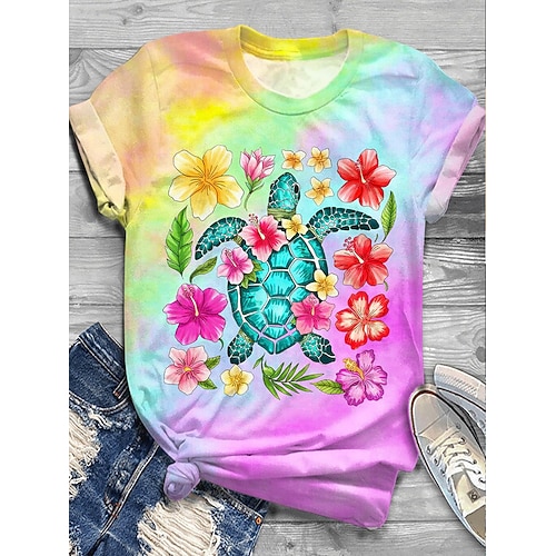Damen T Shirt Druck Grafik Tiermotiv Batik Vintage Stilvoll Klassisch Kurzarm Rundhalsausschnitt Normale Oberteile Täglich Wochenende Blau Gelb Rosa Grün Sommer Frühling Image