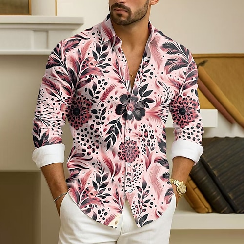 Herren Blatt Pflanzen Tropische Blumen Hemd Durchgeknöpft Hemd Hawaiihemden Langarm Hawaiianisch Outdoor Urlaub Ferien Sommer Frühling Umlegekragen 3D-Druck Hemden mit Kragen Rosa Purpur Grün Khaki Image