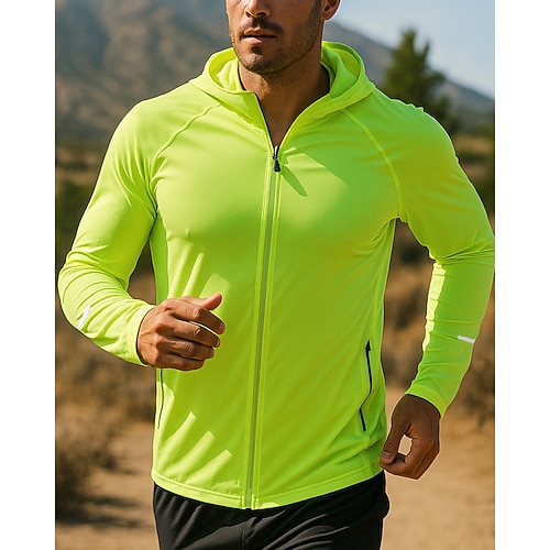 Herren Laufjacke Outdoorjacke Kapuzenjacke Kordelzug Tasche Langarm Oberteil Athleisure Sommer Einfarbig Winddicht Schnelltrocknend Feuchtigkeitsableitend Atmungsaktiv Angeln Wandern Laufen Image