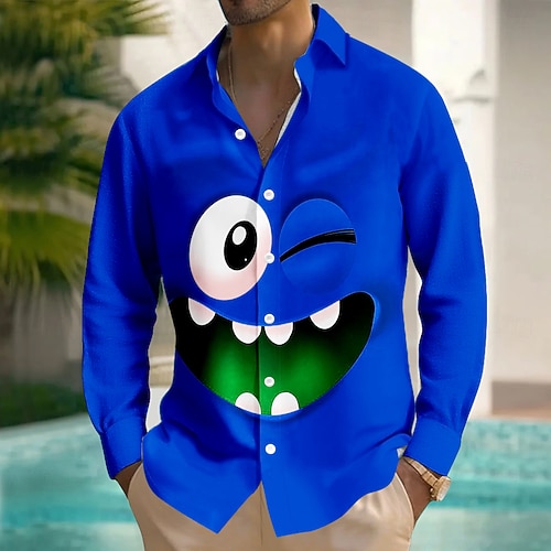 Herren Cartoon Lustig Lächelndes Gesicht Hemd Knopfhemd Langarm Modisch lässig Outdoor Täglich Streetwear Frühling Herbst Umlegekragen 3D-Druck Eine Tasche vorne Leinenähnliches Hemd Rote Orange Grün Image