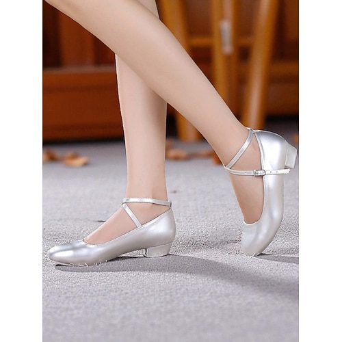 Goldene Charakter-Tanzschuhe für Damen mit niedrigem Absatz – professionelle Ballsaal-Übungsschuhe mit weicher Sohle und gekreuzten Riemen für Latin- und Jazz-Auftritte Image