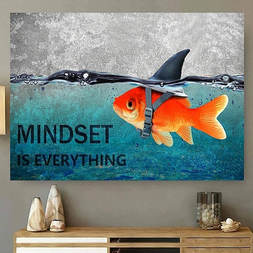 inspirierendes Goldfisch-Hai-Leinwand-Wandkunst-Poster, ungerahmt, Leinwanddruck, Büro, Schlafzimmer, Badezimmer, Dekor, motivierende Denkweise ist alles, Kunstwerk, Zuhause, Küche, Wohnzimmer, Wand Image