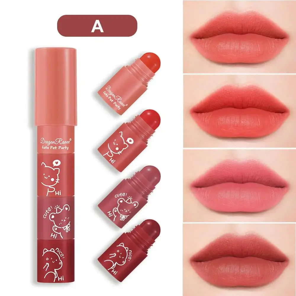 4-in-1-Matt-Lippenstift-Set, samtig, feuchtigkeitsspendend, lila Lippentönung, wasserdicht, langlebig, Lippen-Make-up-Stift, sexy Crayon Combo Image