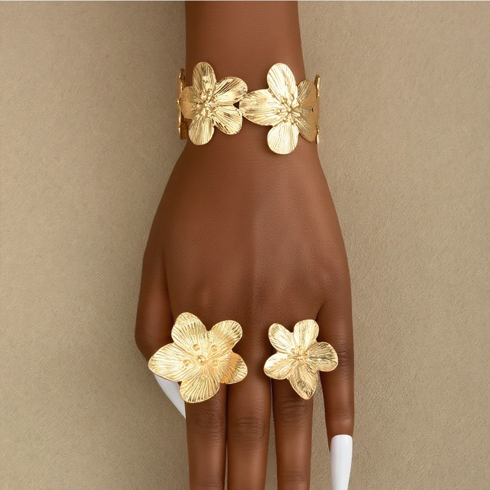 Mode Vintage Große Blume Manschette Schmuck-Set für Frauen Trendy Gold Silber Farbe Breite Blumen Öffnung Armreifen Ring Elegante Party Image