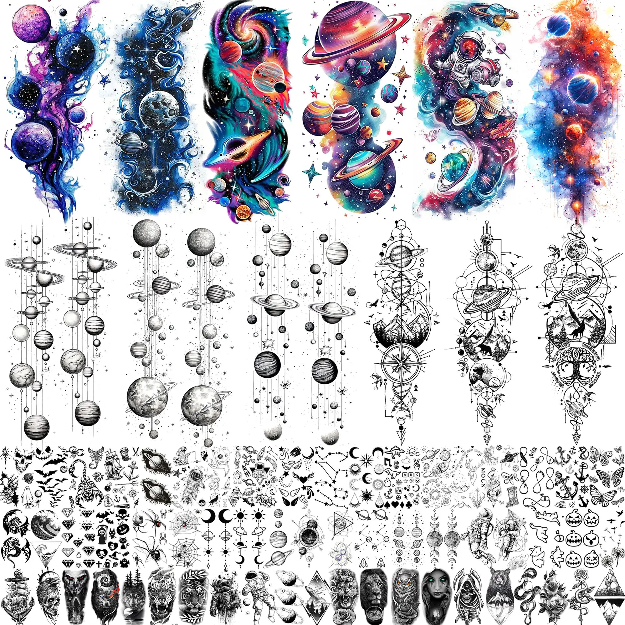 70 Blatt Aquarell Universum Planeten Kette Temporäre Tattoos Wasserdicht Weltraum Sterne Tattoos Für Erwachsene Fake Tattoo Aufkleber Image