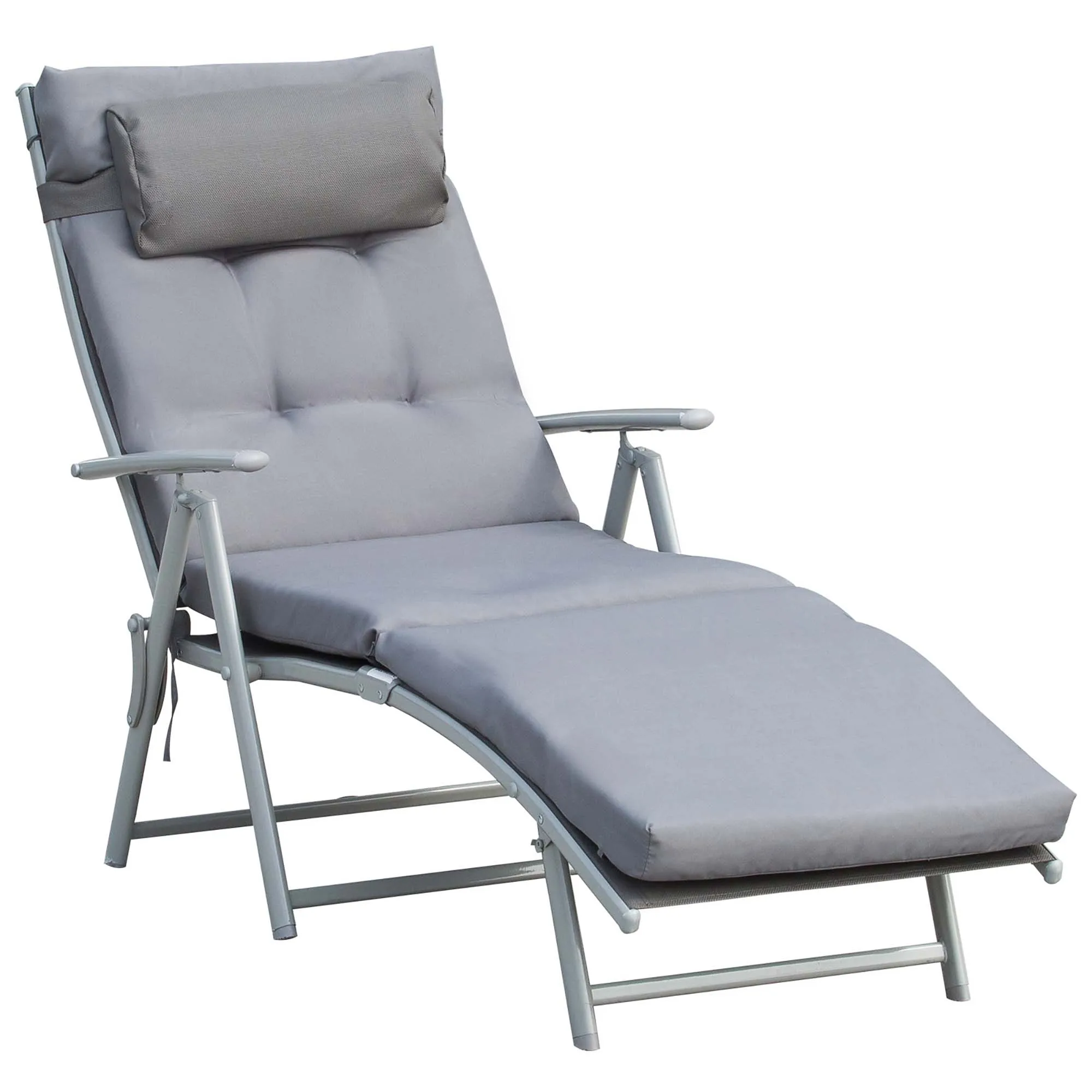 Chaise de jardin pliante en métal et tissu gris, inclinable avec coussin, pour terrasse, jardin, parc ou cour de villa.